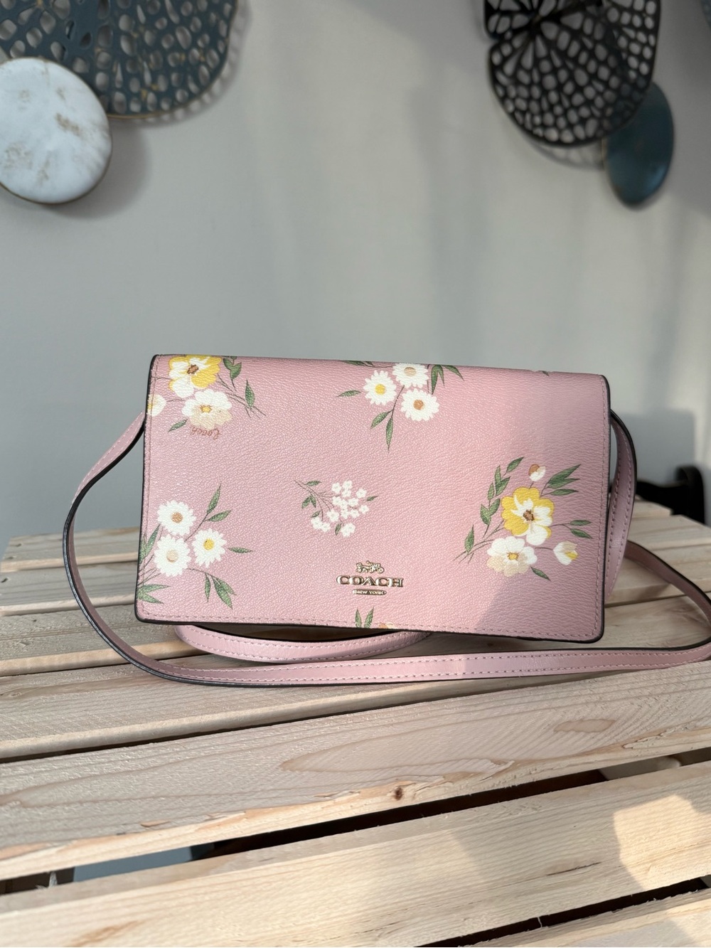 Coach Pink Floral Crossbody Bag with Gold Logo